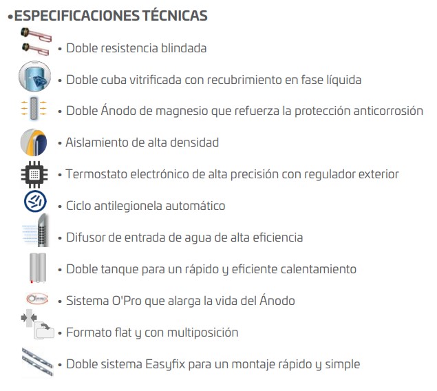Especificaciones técnicas Termo eléctrico FLAT DUO 50-80-100